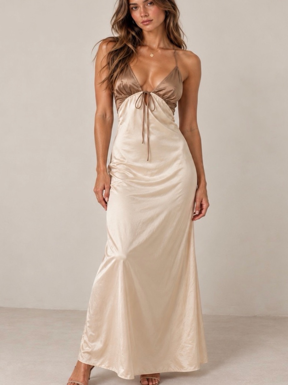 Two-Tone Satin Maxi Dress in Champagne and Brown